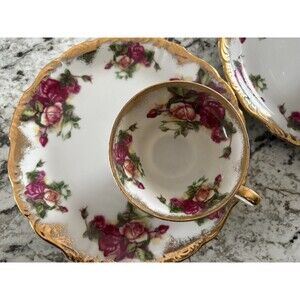 Set Of 2 Vintage Hand Painted Floral Old Gold Trim Leaf Tea Cup & Plate Japan